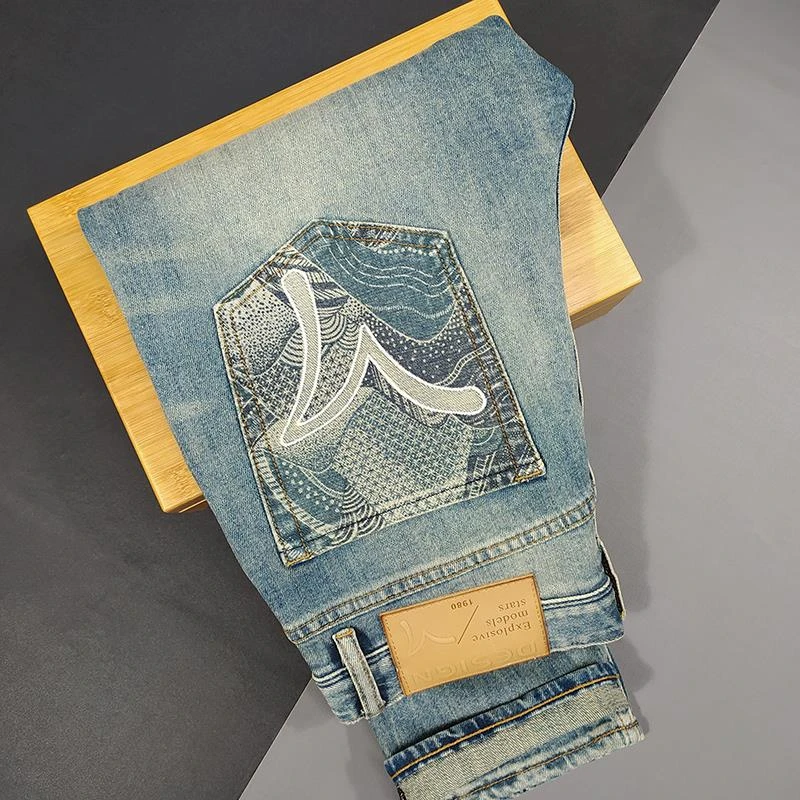 Jeep吉普美式潮牌刺绣工艺牛仔裤男士修身小脚轻奢百搭弹力休闲裤