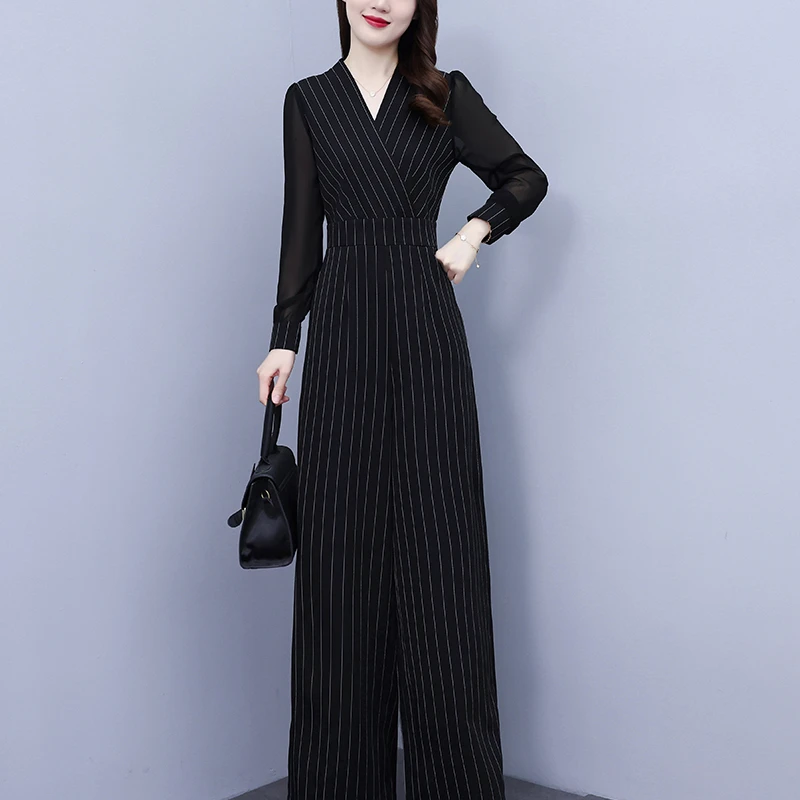 洋气条纹长袖连体衣女2023年秋季新品修身高腰长款修身阔腿裤套装