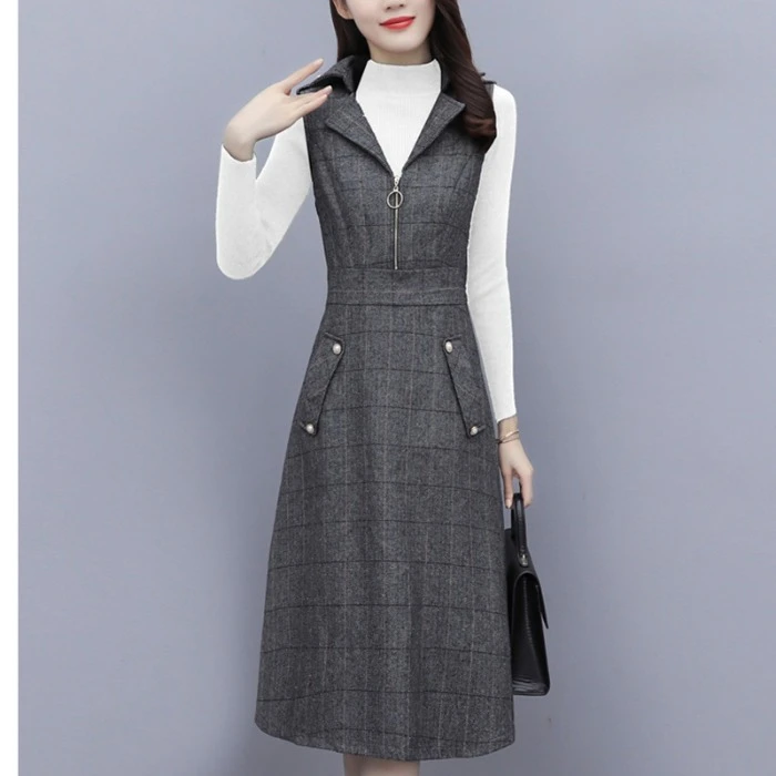 高端毛呢背心裙女2024秋冬新款无袖毛呢裙加毛衣打底裙百搭两件套