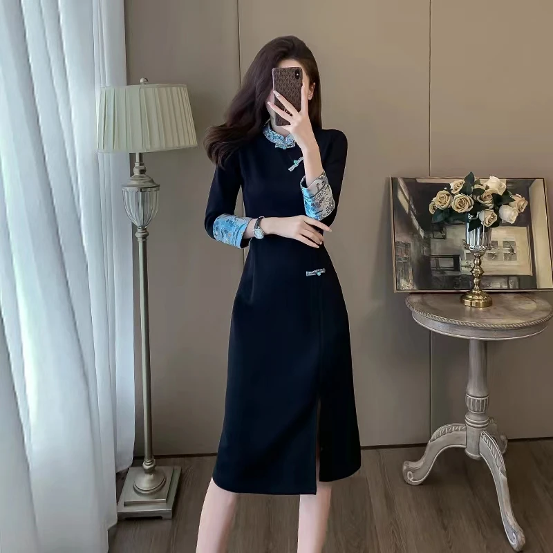 2024新款国风复古连衣裙女修身显瘦气质高级感开叉名媛打底裙子