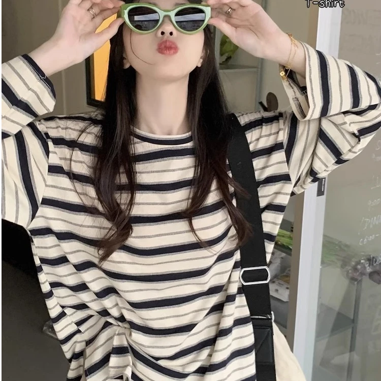 纯棉条纹打底衫女2024春秋薄款圆领长袖t恤薄款上衣宽松大码女装