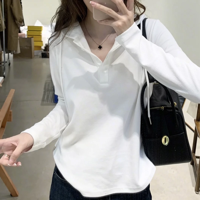 欧洲站连帽长袖上衣百搭T恤女上衣2025秋季白色设计感打底小衫