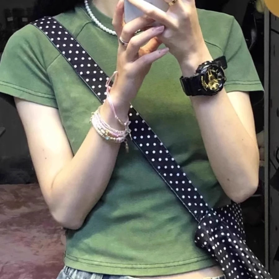 纯棉正肩辣妹短款绿色掐腰短袖t恤女爆款别致显瘦减龄半袖上衣夏