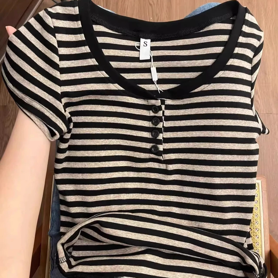 正肩条纹短袖t恤女纯棉2024夏季新款半开领修身显瘦小个子短上衣