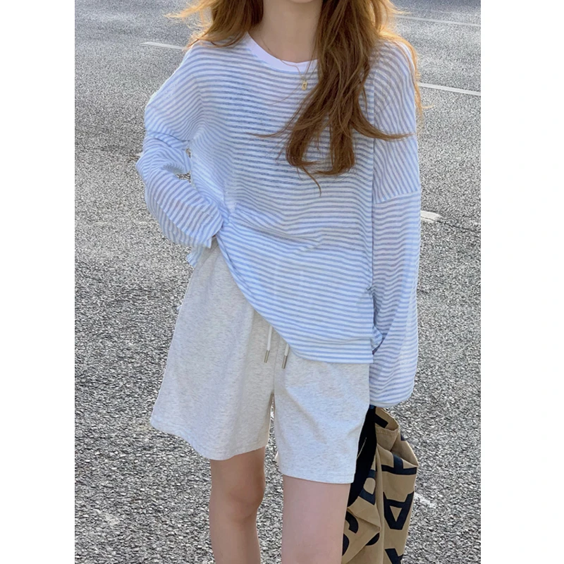 条纹t恤女装春季2024新款长袖防晒罩衫薄款慵懒风外穿上衣服ins潮