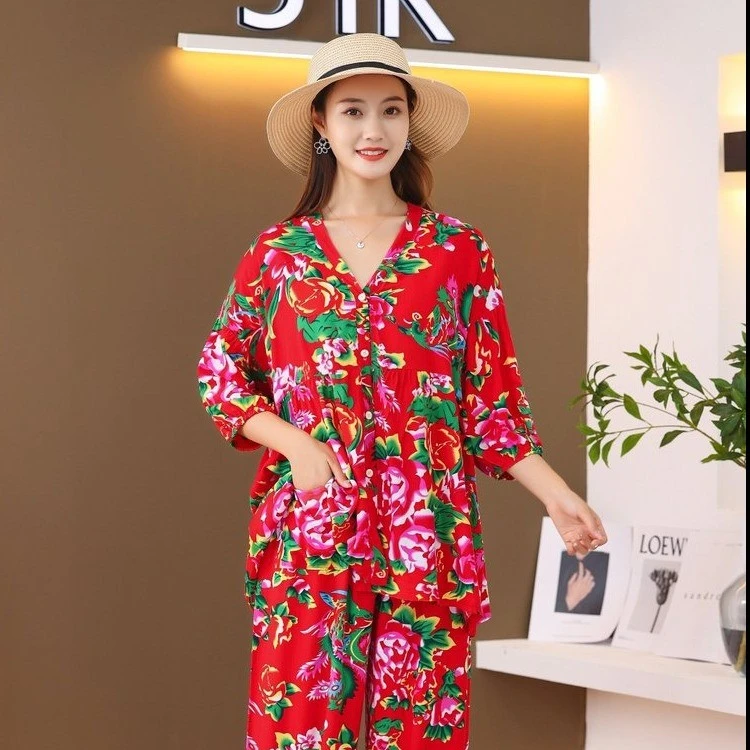 网红东北大花大码开衫居家服韩版中袖妈妈装宽松可外穿