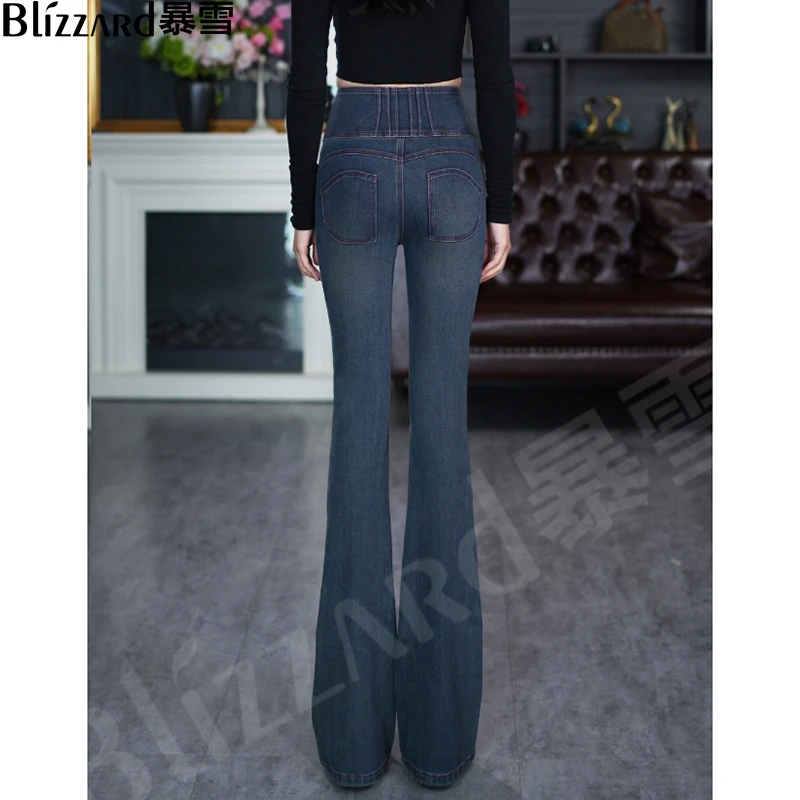 【萨尔蓝】6倍四面弹升级~复古高腰微喇牛仔裤女2025显高显瘦喇叭裤