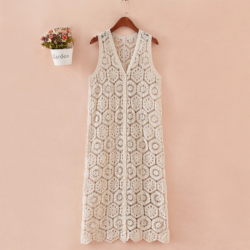 国风复古中长款马夹开衫钩针网眼新款针织衫背心女蕾丝加长款马甲