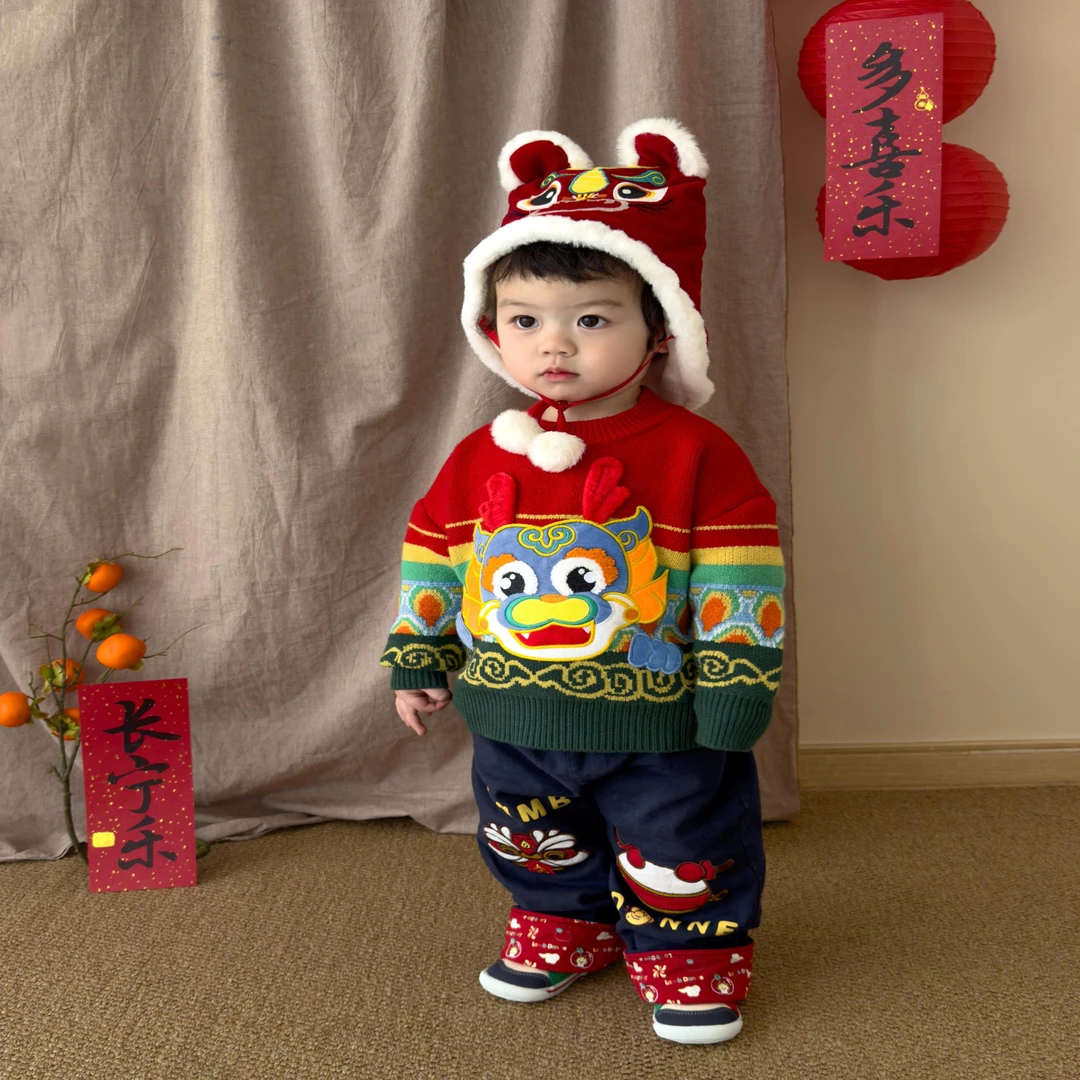 儿童洋气针织红色喜庆拜年服保暖圆领卡通秋冬小童龙保暖毛衣黄车