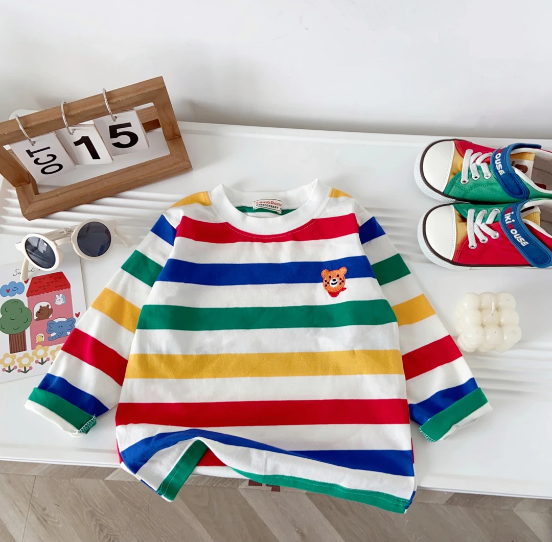 儿童春秋女童男童休闲韩版秋季洋气宝宝条纹小童圆领条纹长袖