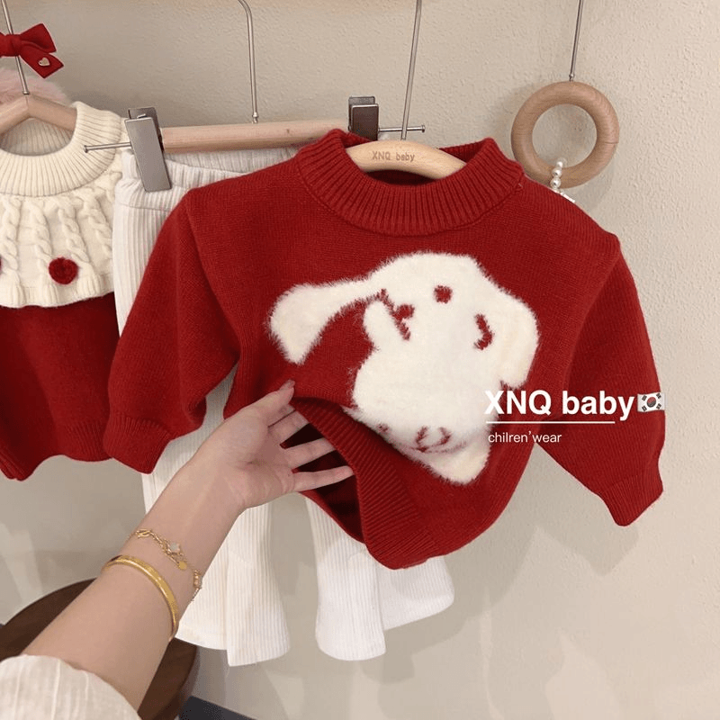 小扬哥推荐亲子装秋冬装红色毛衣植绒兔子一家三口过年全家装母子