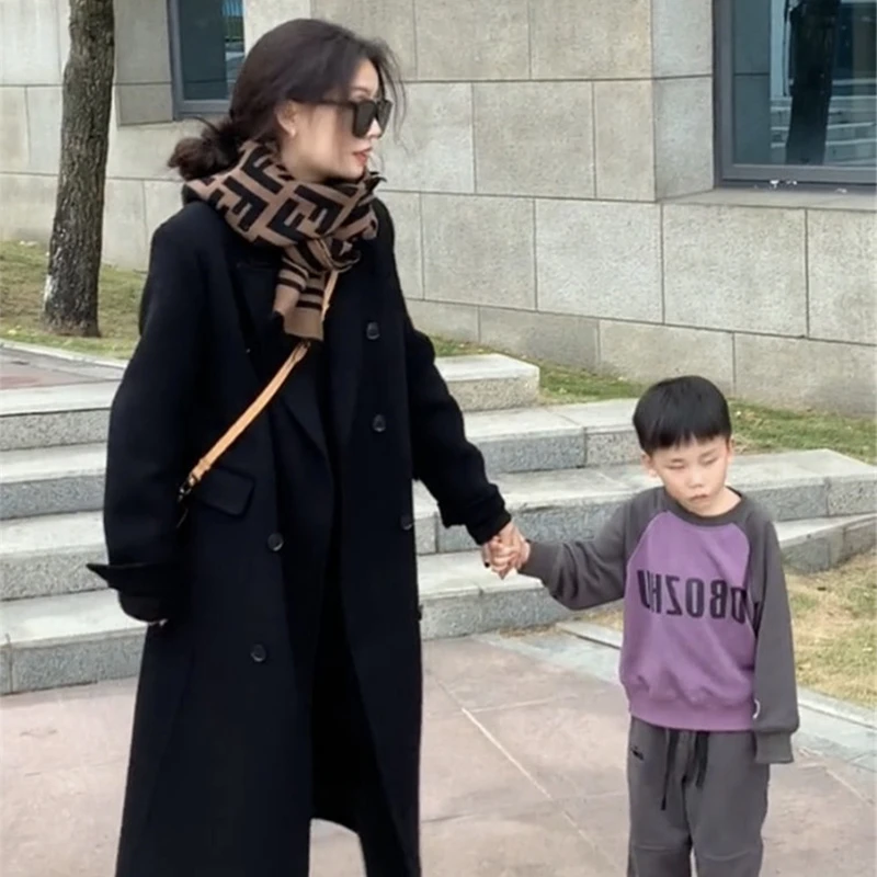 黔允赫本风秋冬季新款时尚网红小个子长款加棉毛呢黑色呢子大衣女
