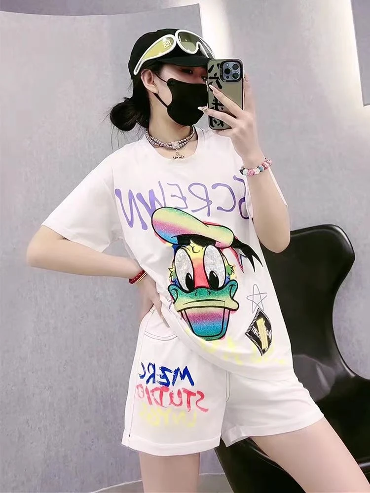 夏季短袖短裤休闲两件套女宽松遮肉唐老鸭印花时尚半袖T恤套装潮