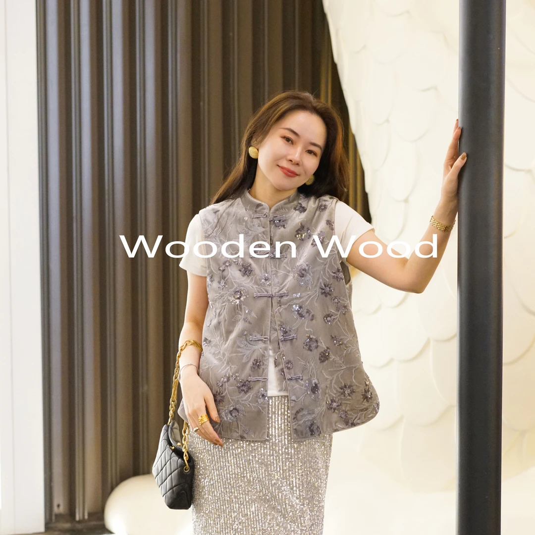 "花酒意浓"新中式高级灰色亮片绣花马夹女W24CS353