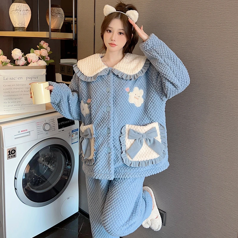 珊瑚绒睡衣女士2024新款秋冬季加绒加厚保暖冬天玫瑰绒家居服套装