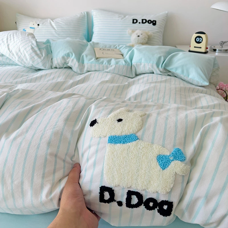 菀贝 狗蓝蓝 全棉四件套三件套 水洗棉毛巾刺绣 简约小清新