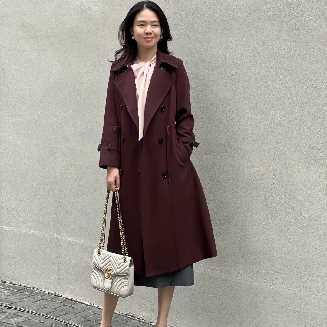 新款双排扣中长款宽松气质法式韩版女士风衣时尚大衣外套48103