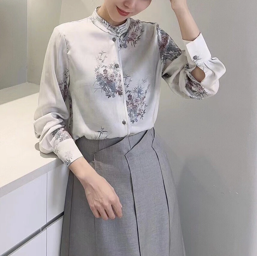 小众复古印花盘扣韩版桑蚕丝时尚衬衫长袖洋气气质衬衣上衣33323
