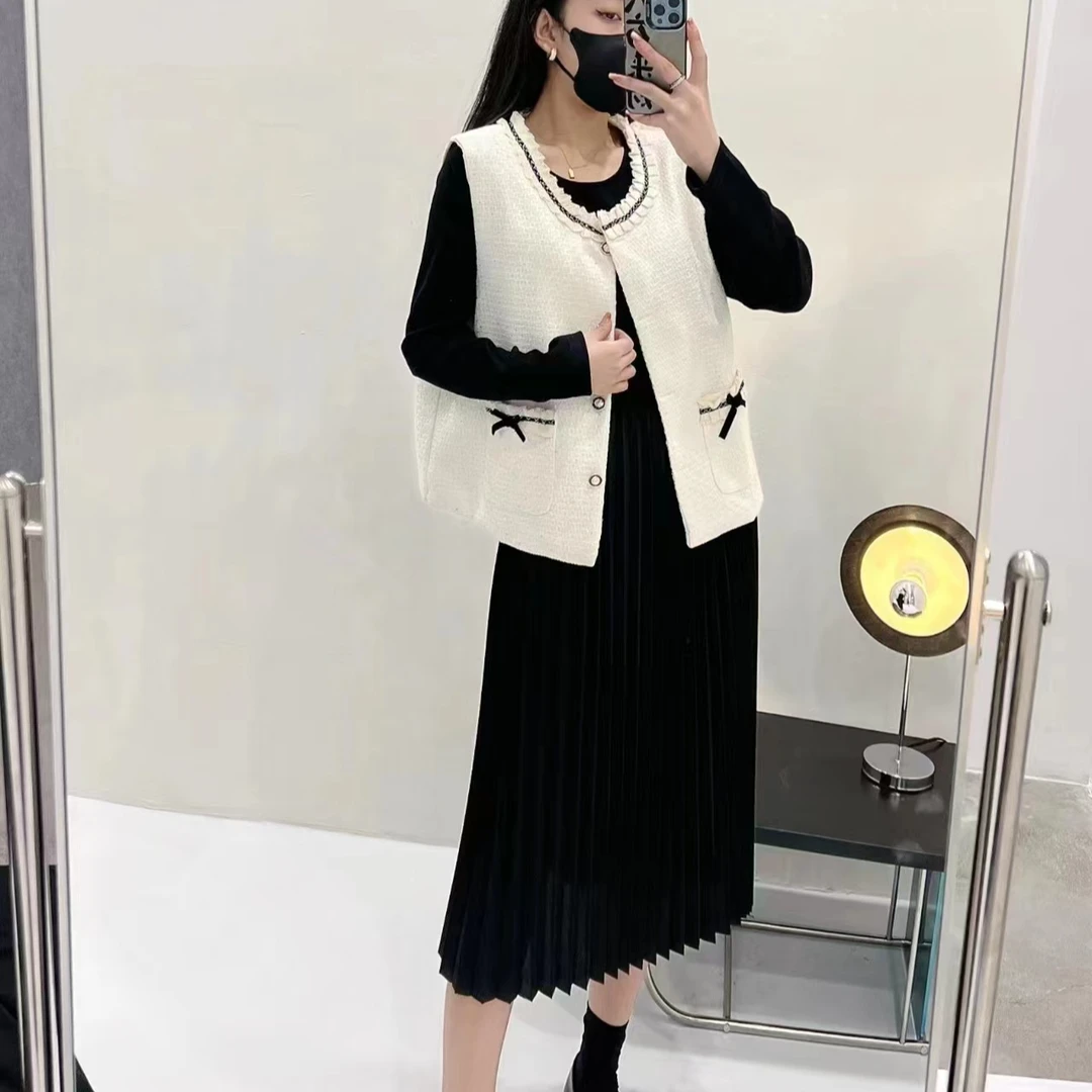 孕妇大码加小香风马甲长袖百褶连衣裙胖时尚气质轻熟风两件套2305