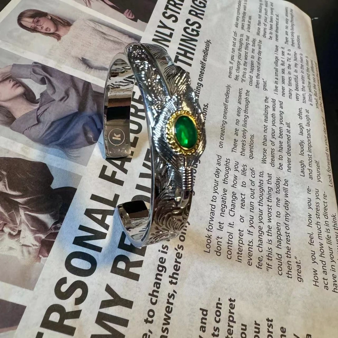 合金手镯 【绿宝羽毛雕刻手镯】国潮风发字嘻哈潮人街头网红