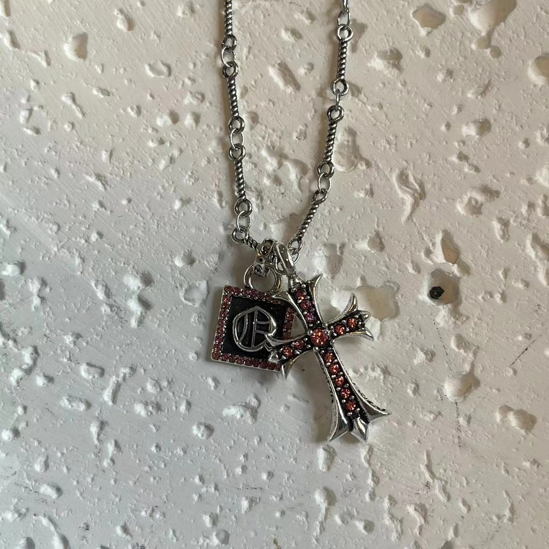 合金项链 【kk粉锆正方形十字项链  】国潮风发字嘻哈潮人街头