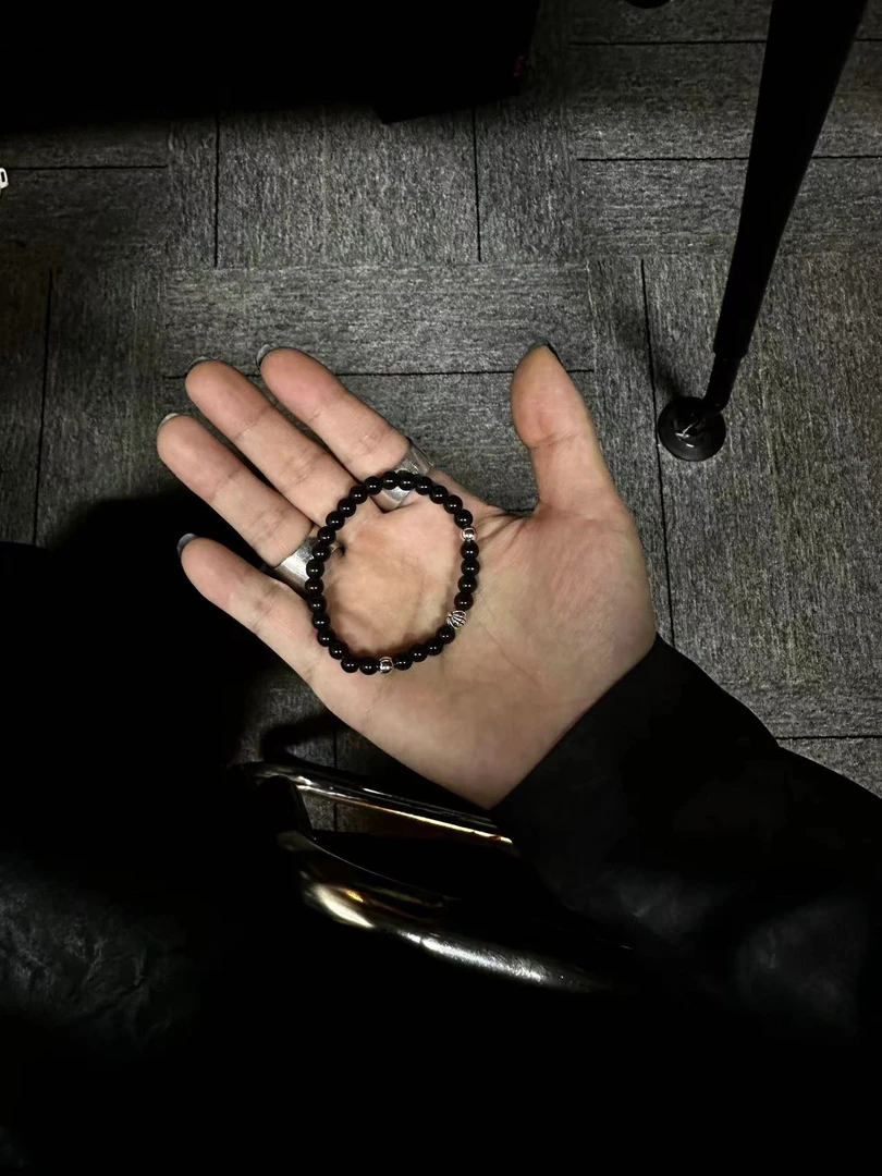 合金手链 【三银细黑手珠】国潮风发字嘻哈潮人街头网红手串