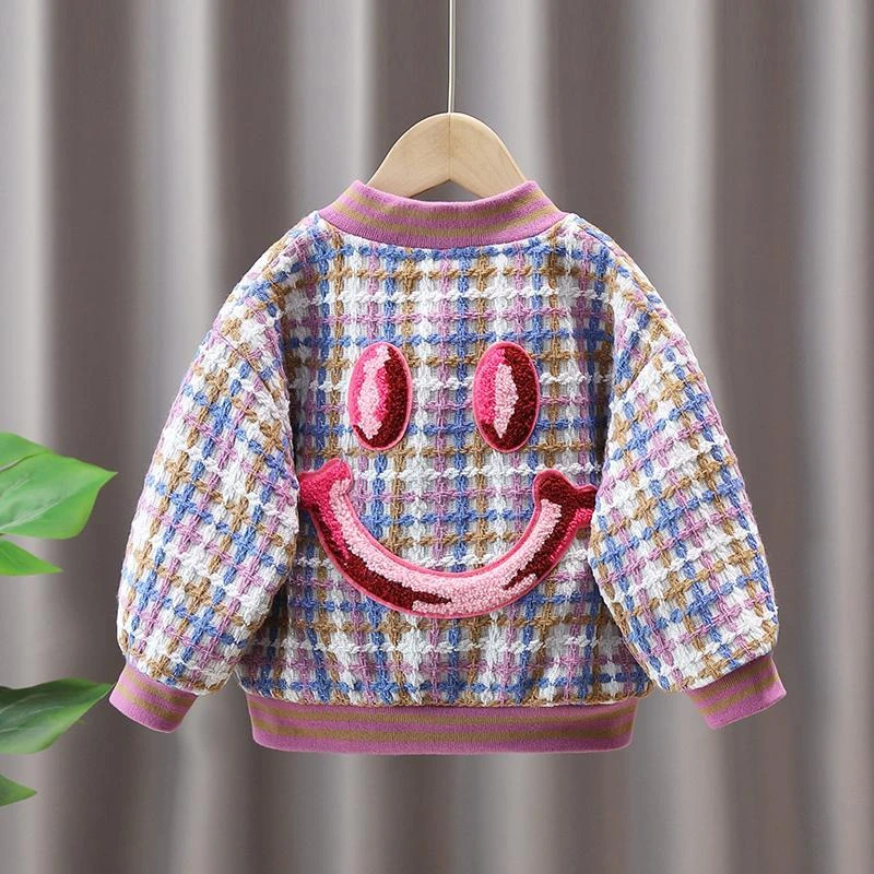 女童外套2024新款笑脸小香风儿童女宝宝春秋上衣公主洋气棒球服潮