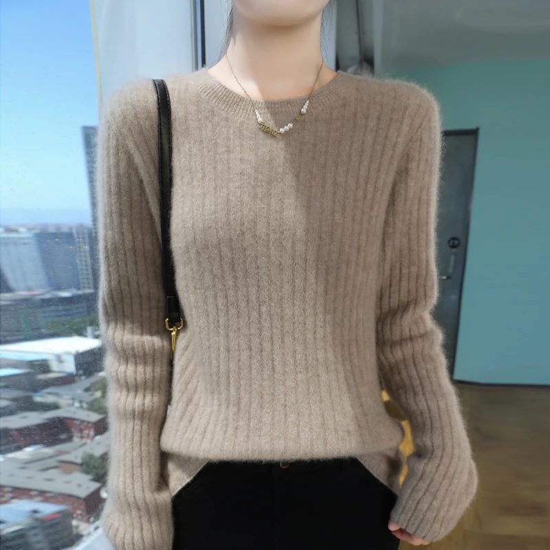 女士圆领坑条长袖针织衫显瘦百搭时尚秋冬加厚打底衫宽松加厚毛衣