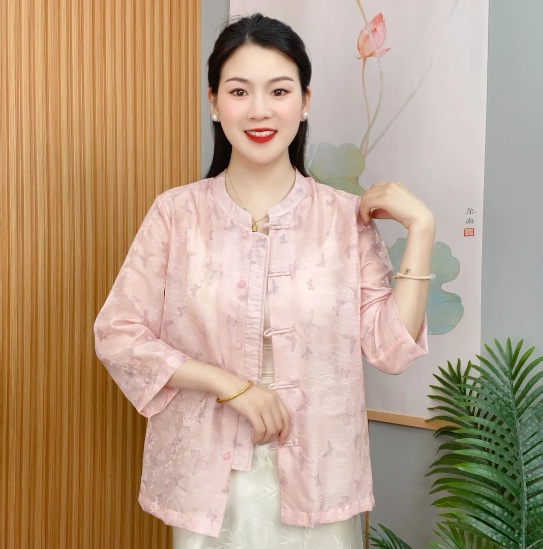 2024年春夏新款国风外套女新中式时尚宽松圆领纱面绣花薄款上衣女