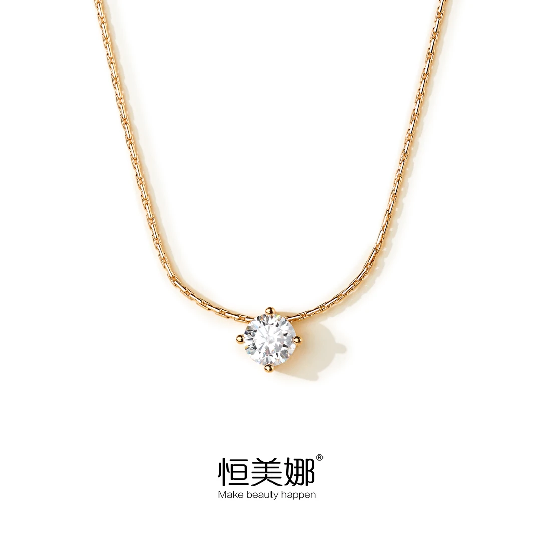 恒美娜 坠链均925银莫桑石 四爪单镶项链时尚简约经典精致日常女