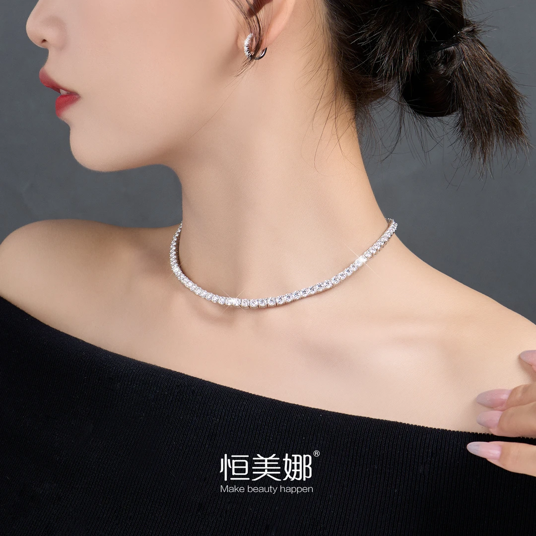 恒美娜 坠链均925银莫桑石 大银河项链珠宝满钻锁骨链短款choker