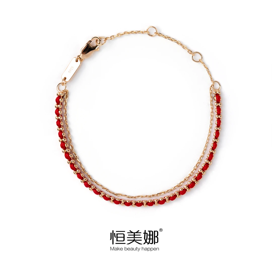 恒美娜 925银手链 双层红绳经典百搭手工编织红色日常简约气质女