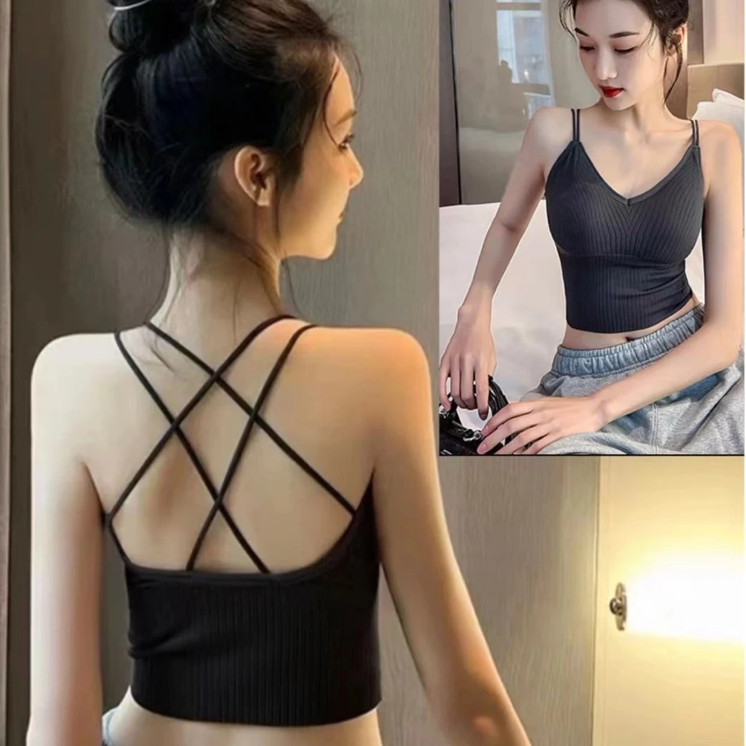 2025上新打底内搭聚拢吊带背心交叉美背款性感有带胸垫
