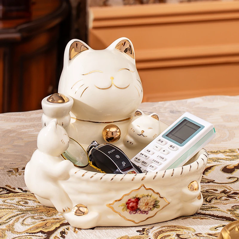 欧式陶瓷入户玄关钥匙收纳托盘创意招财猫装饰品摆件乔迁新居礼品