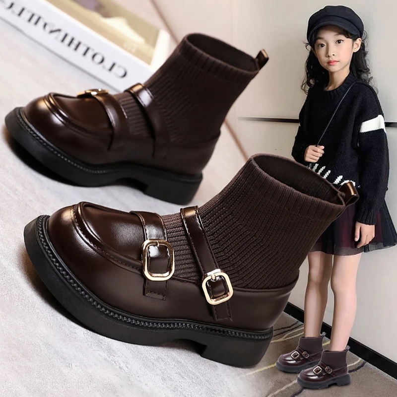 回力瑞女童鞋小皮鞋2023秋冬新款公主短靴子小女孩洋气儿童马丁靴