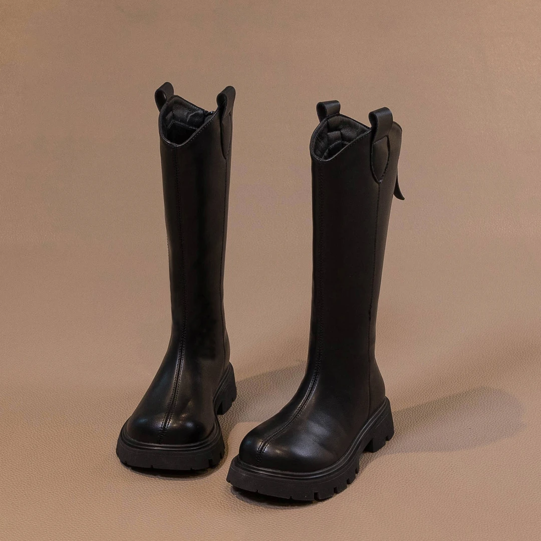 回力瑞女童靴子2023新款儿童长靴女宝宝长筒靴秋冬款洋气黑色皮靴