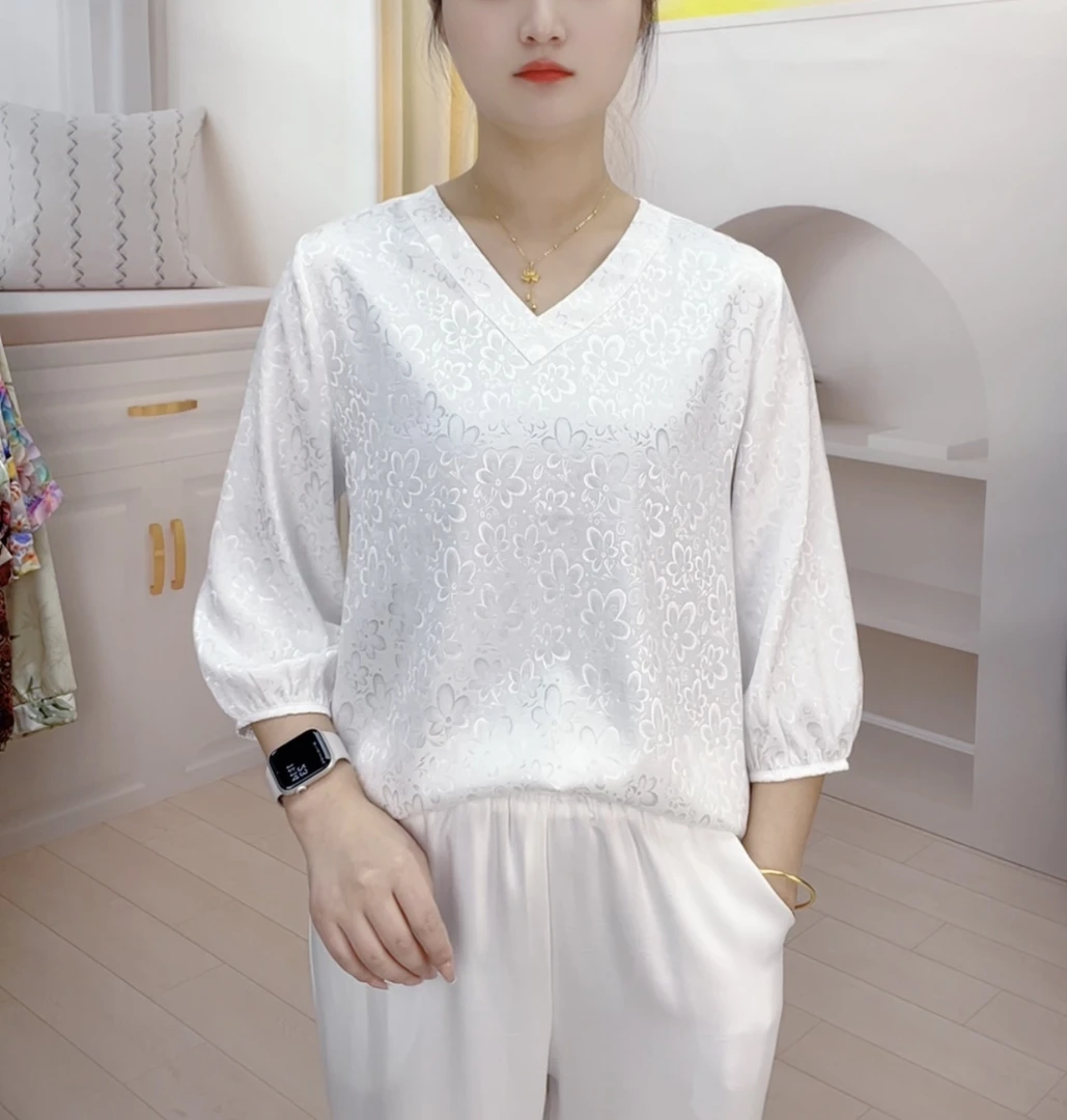 【297定制白色】2024年秋季新款七分袖小衫V领T恤宽松妈妈装上衣