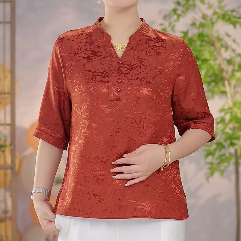 【047】2024年早秋新款五分袖衬衫中老年女装妈妈装时尚百搭V领小衫