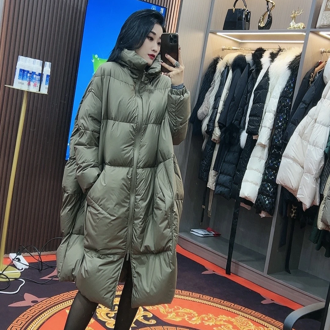 师小姐-韩系连帽中长款轻薄羽绒服女隐形拉链宽松白鸭绒保暖228