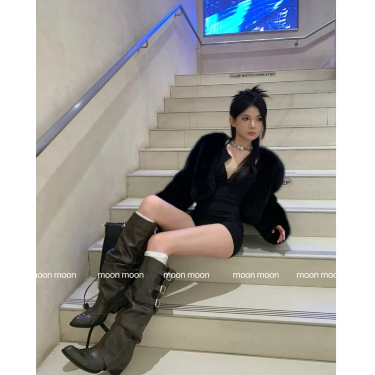 棕色长筒靴拍照日常百搭靴子褶皱堆堆骑士靴尖头裤管靴西部牛仔靴