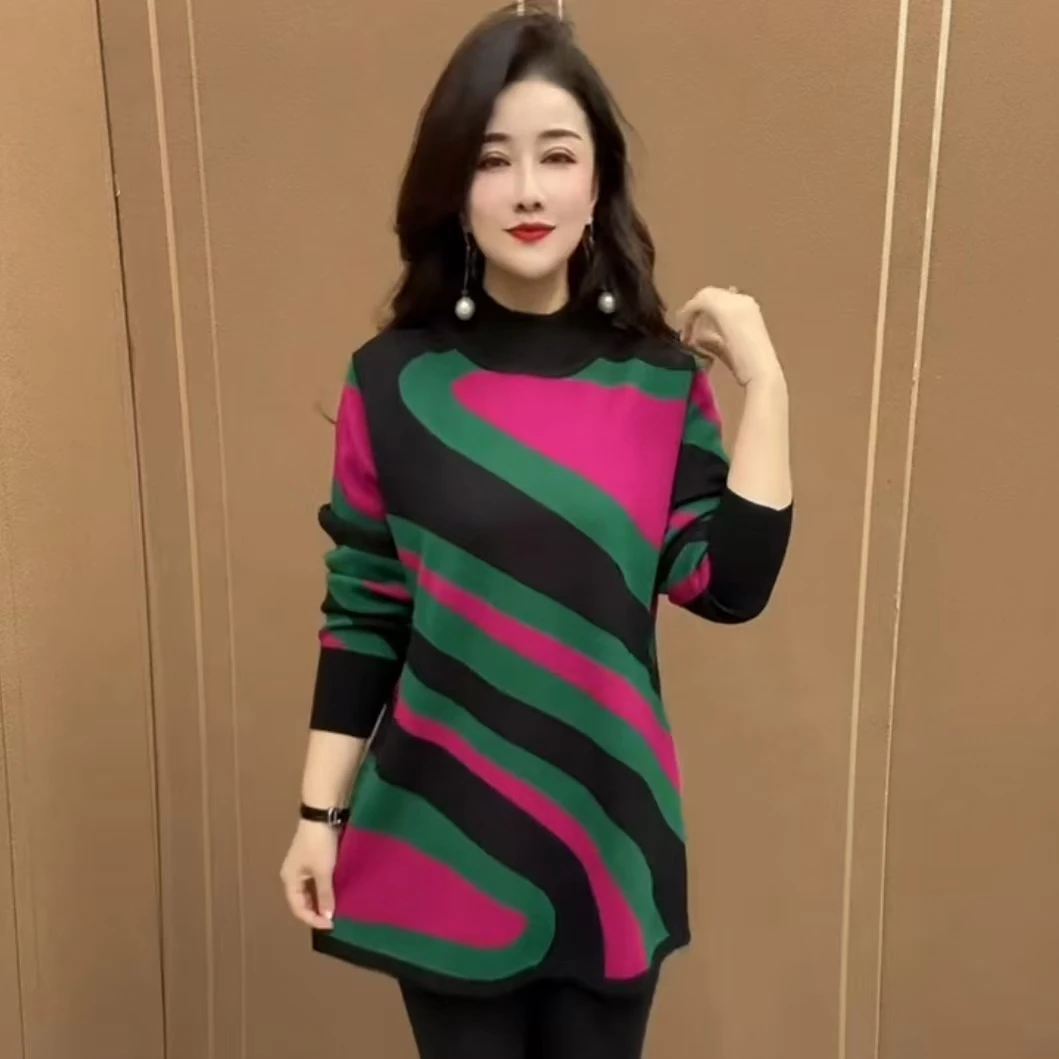 DM时尚气质彩条宽松款焦麻针织连衣裙