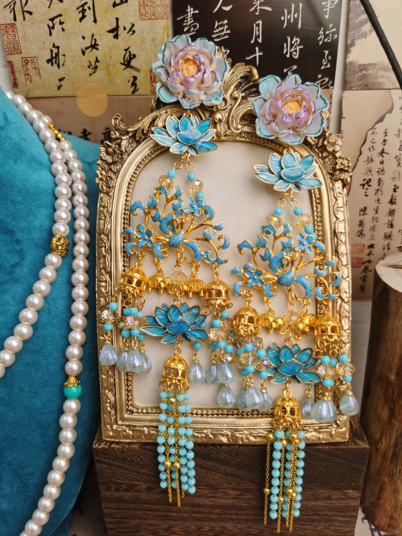 铜合金耳饰 【蓝孔雀】原创自制手作新中式国风夸张耳饰