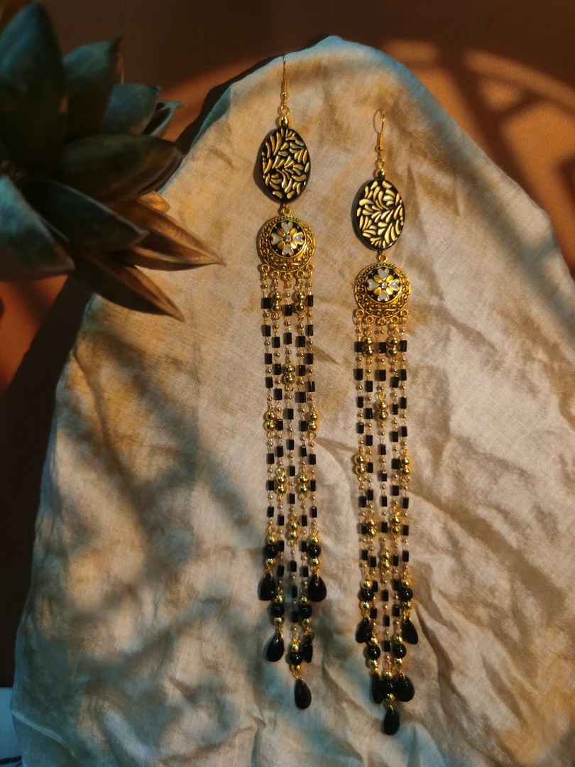 铜合金树脂耳饰 【黑金流苏】原创自制手作新中式国风耳饰