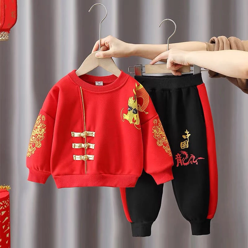 儿童加绒汉服男童冬款红色拜年服两件套幼儿园演出服冬季卫衣套装