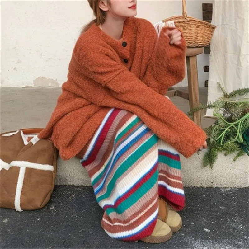 两件套/单件复古宽松慵懒风毛衣外套+温柔条纹半身裙子时尚套装女