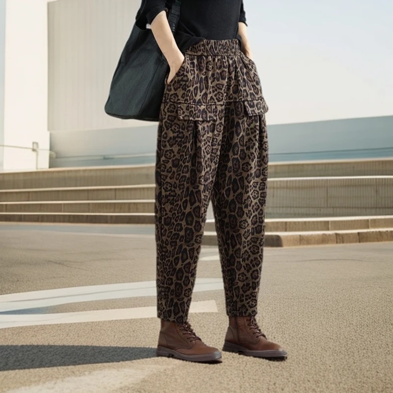 磨毛加绒豹纹哈伦裤宽松显瘦复古休闲裤哈伦裤