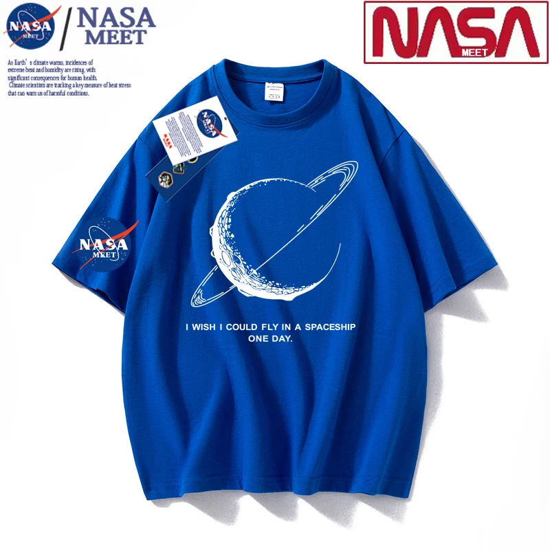 NASA纯棉短袖t恤男女同款重磅休闲夏季半袖宽松圆领打底落肩上衣