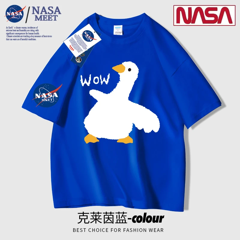NASA联名款夏季美式重磅落肩袖纯棉短袖t恤男女同款情侣克莱因蓝