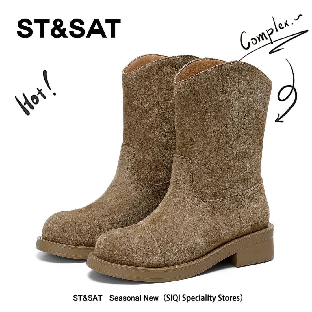 星期六粗跟真皮套筒短靴女2024秋冬新款骑士靴英伦风厚底增高女靴