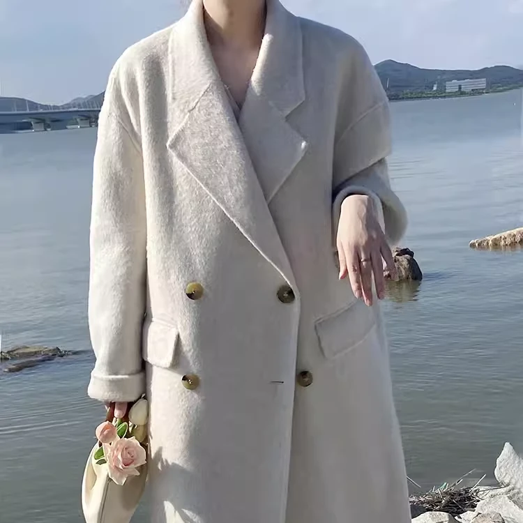 《羊美丽》气质大衣女中长款西装领毛呢外套韩版